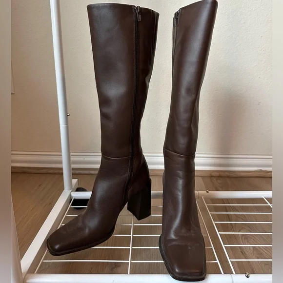Mango Squared Toe Brown Knee-High Boots - Picture 1 of 8